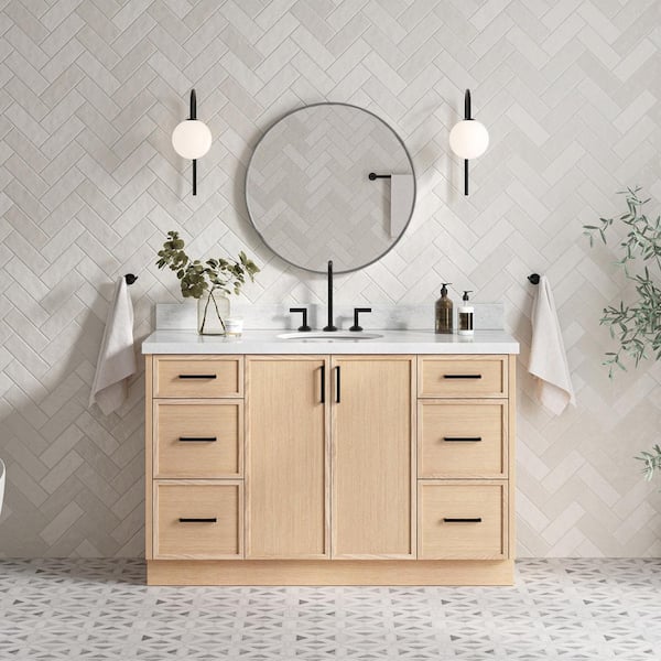 ARIEL Kelly 55 in. W x 22 in. D x 36 in. H Single Sink Bath Vanity in White Oak with Italian Carrara Marble Top