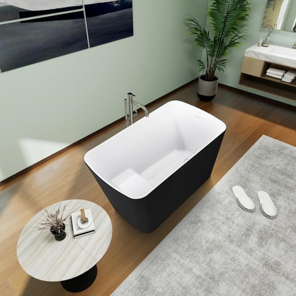 47 in. x 27 in. Acrylic Freestanding Flat Bottom Soaking Bathtub with Seat and Pop-Up Drain in Black
