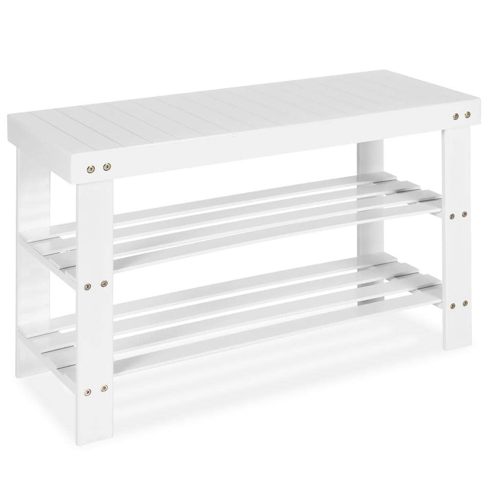 Costway 17.5 in. H 6-Pair White Bamboo Shoe Rack Bench 3-Tier Storage Shelf Holder Home Entryway Hallway
