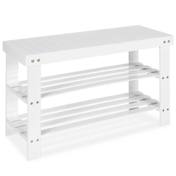 17.5 in. H 6-Pair White Bamboo Shoe Rack Bench 3-Tier Storage Shelf Holder Home Entryway Hallway
