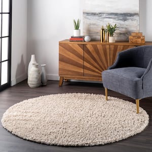 Kara Solid Shag Beige 6 ft. x 6 ft. Indoor Round Area Rug