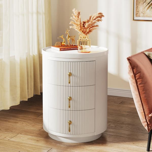BYBLIGHT 15.94 in. White Round Engineered Wood End Table with 3 Drawers Modern Nightstand for Bedroom No Assembly BB RY0092GX