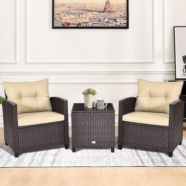 3-Piece Rattan Wicker Outdoor Patio Conversation Set with Wheat Cushions and Coffee Table