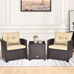 3-Piece Rattan Wicker Outdoor Patio Conversation Set with Wheat Cushions and Coffee Table