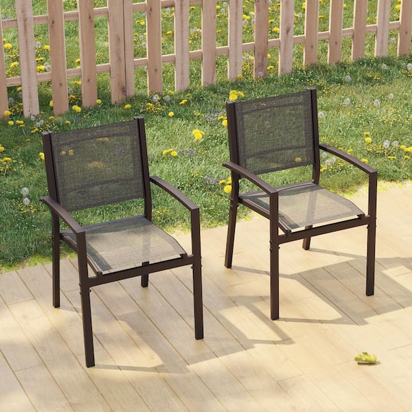 2-Pieces Brown Frame Powder-coated Steel Patio Outdoor Gray Textilene Dining Chairs