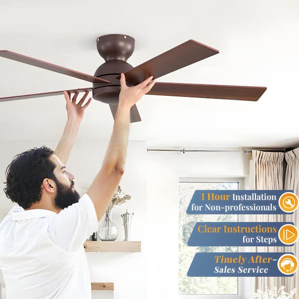 48 in. Brown Indoor 6 Speeds Flush Mount Low Profile Ceiling Fan No Lights with Remote Control for Bedroom