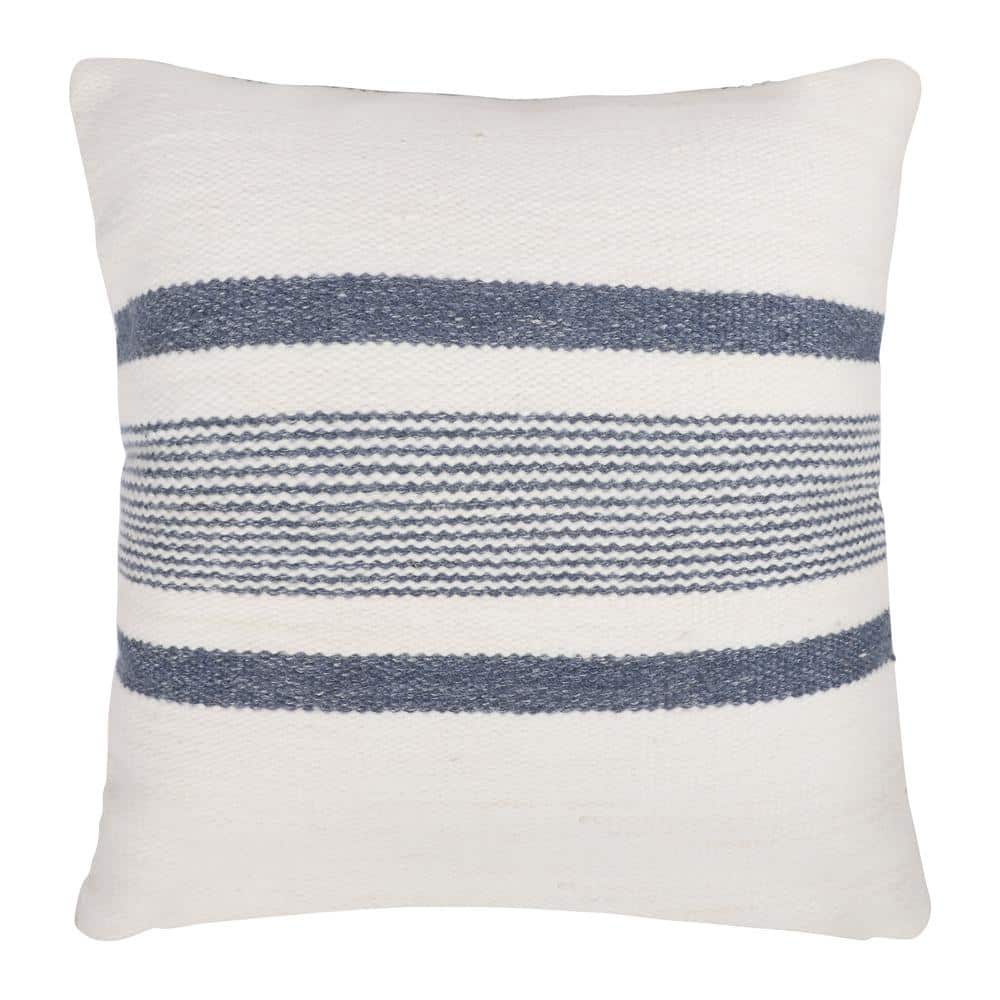 Eliza Navy/White Striped Hand-Woven Indoor/Outdoor Polyfilled 20 in. x 20 i