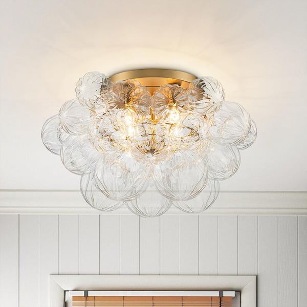 25.98 in. 4-Light Brushed Gold Industrial Semi-Flush Mount Modern Bubble Ceiling Light with Clear Petal Glass Shade