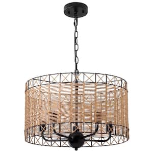 5 Light Black Farmhouse Drum Chandelier Rattan Boho Pendant Light Fixture for Dining Room with no bulbs included