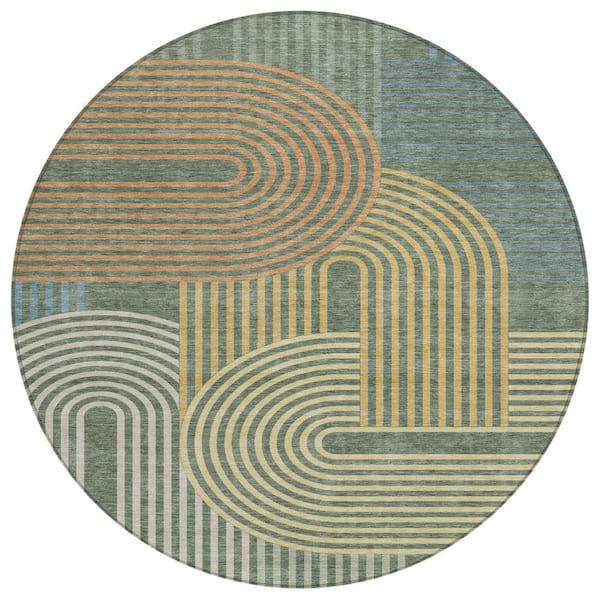 Chantille Machine Washable Indoor/Outdoor Abstract ACN2549 Basil 8 ft. x 8 ft. Round Rug
