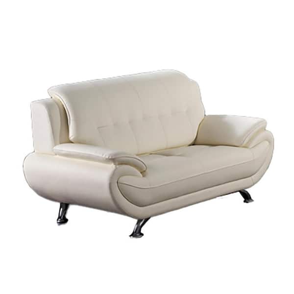 Benjara 69 in. Ivory Faux Leather 2-Seater Loveseat with Flared Metal Legs