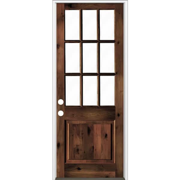 Krosswood Doors 36 in. x 96 in. Rustic Knotty Alder Red Mahogany Stain Right-Hand Clear LowE Glass 9-Lite Wood Single Prehung Front Door