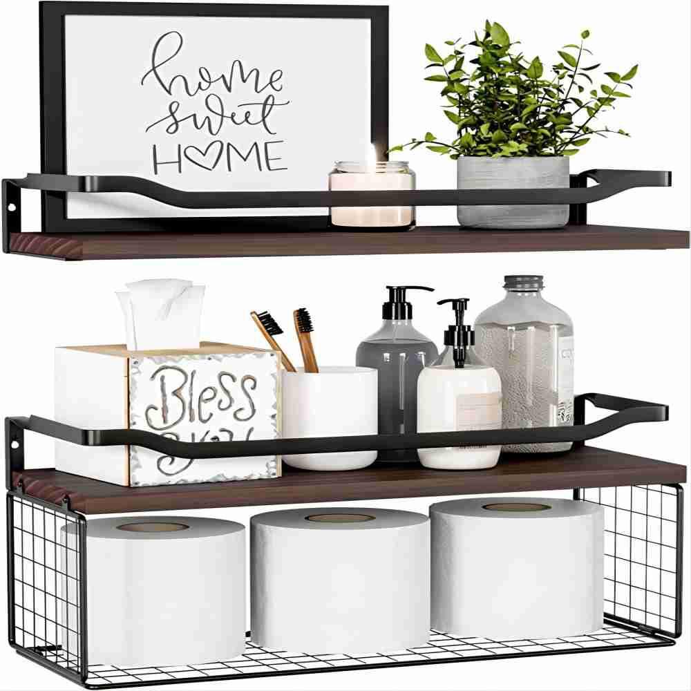 Dark Brown Wall-Mounted Floating Shelves with Metal Guardrail and Wire Basket