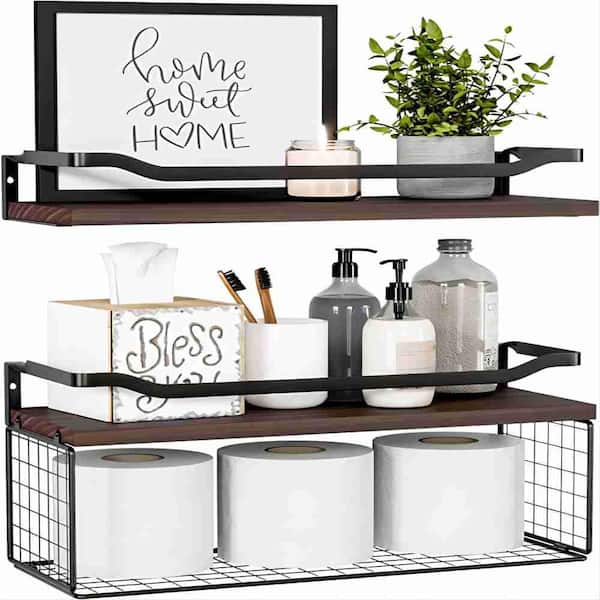 DOLLFIO Floating Shelves with Wall Décor Sign, Bathroom Shelves Over Toilet  with Wire Storage Basket, Wood Wall Shelves with Protective Metal  Guardrail– Brown - Yahoo Shopping