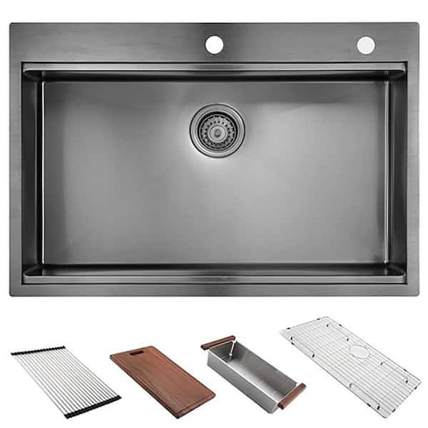 33 in. Drop-in Single Bowl 16-Gauge Stainless Steel in Black Kitchen Sink