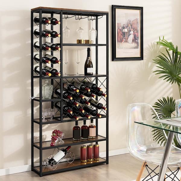 Rustic Brown + Black 5+ Shelf Metal 32 in. W Baker's Rack Industrial Wine Rack Multi-purpose Freestanding