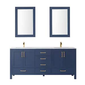 Shannon 72 in. Bath Vanity in Blue with Carrara White Marble Countertop with White Basins and Mirror