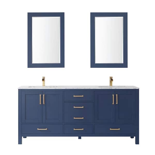 ROSWELL Shannon 72 in. Bath Vanity in Blue with Carrara White Marble Countertop with White Basins and Mirror
