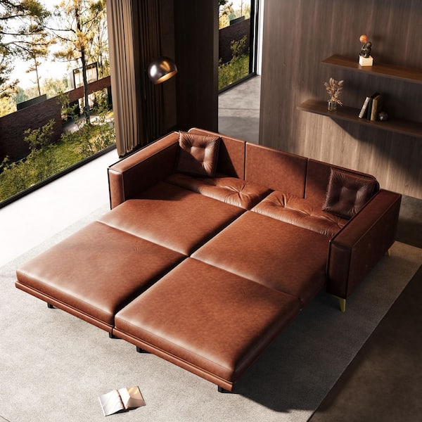 Button Tufted 3-in-1 Convertible 92.1 in Light Brown Faux Leather King Size Pull out Sofa Bed with 2 Pillows