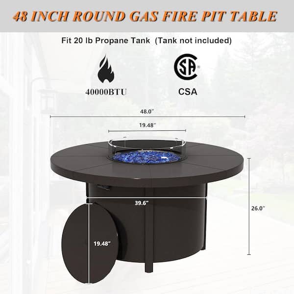 48 in. Round Steel Outdoor Propane Fire Table with 40,000 BTU Auto-Ignition, Windshield, Blue Stone, Lid and Covers