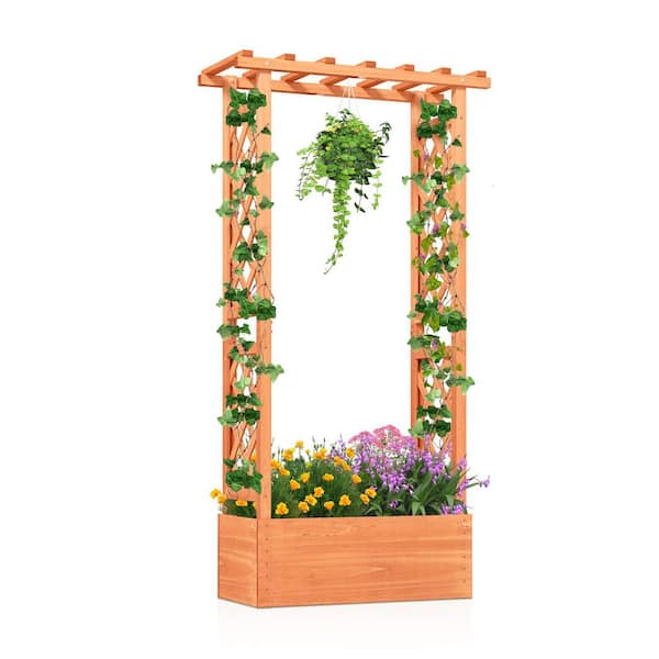 31 in. x 14 in. x 60 in Orange Wood Raised Garden Bed with Side Trellis and Hanging Roof and Drainage Hole