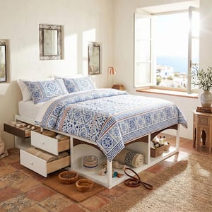 White Wood Frame King Size Platform Bed with Storage Drawers, Multifunctional Storage Bed with Pet Space, LED