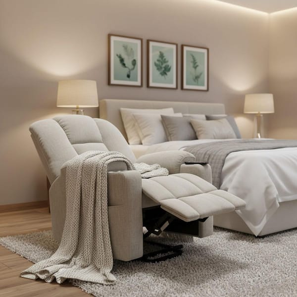 Beige Power Lift Recliner Chair with Remote Control Dual USB Ports Cup Holders Chenille Upholstery 350 lbs. Capacity