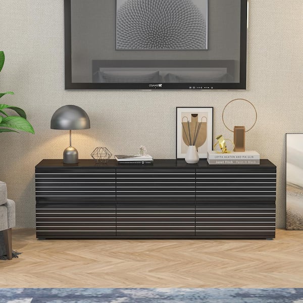 FUFU&GAGA Black Wooden TV Stand, TV Console Table Fits TV's up to 65 in. with 6 Drawers