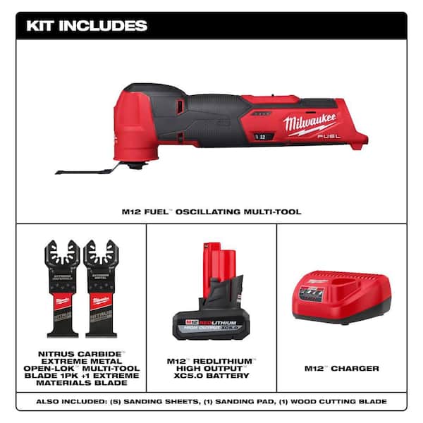 M12 FUEL 12V Oscillating Multi-Tool w/5.0Ah Battery 2-Pk Starter Kit & Nitrus Carbide Blade (2-Pk)