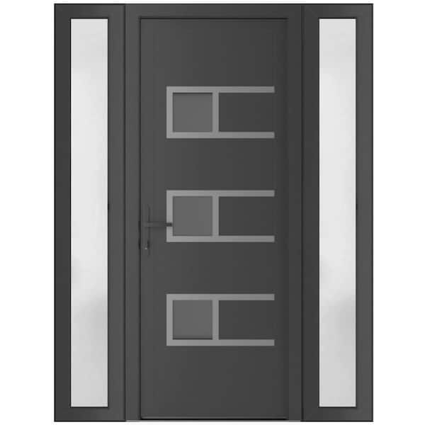 54 in. x 80 in. Right-hand/Inswing Frosted Glass Antracite Grey Steel Prehung Front Door with Hardware