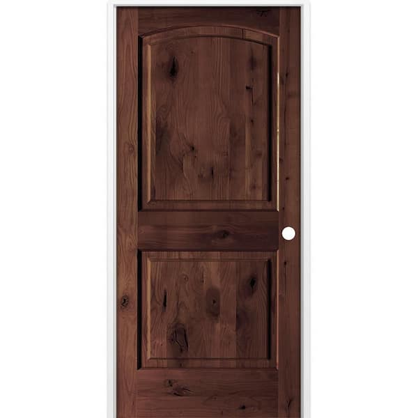 Krosswood Doors 30 in. x 80 in. Rustic 2-Panel Arch Top Left-Hand Red Mahogany Stain Knotty Alder Wood Single Prehung Interior Door