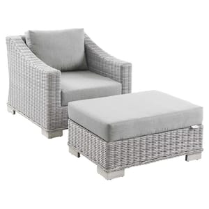 Conway Light Gray Outdoor Patio Wicker Rattan 2-Piece Armchair and Ottoman with Gray Cushions