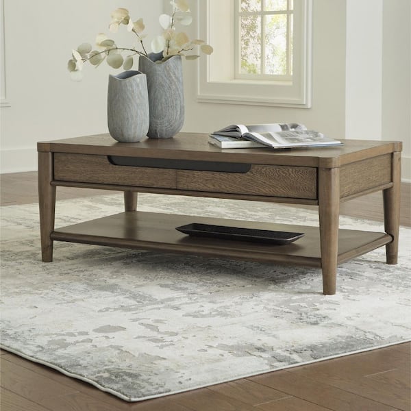 Roanhowe 50 in. Brown Rectangle Wood Coffee Table with Shelves