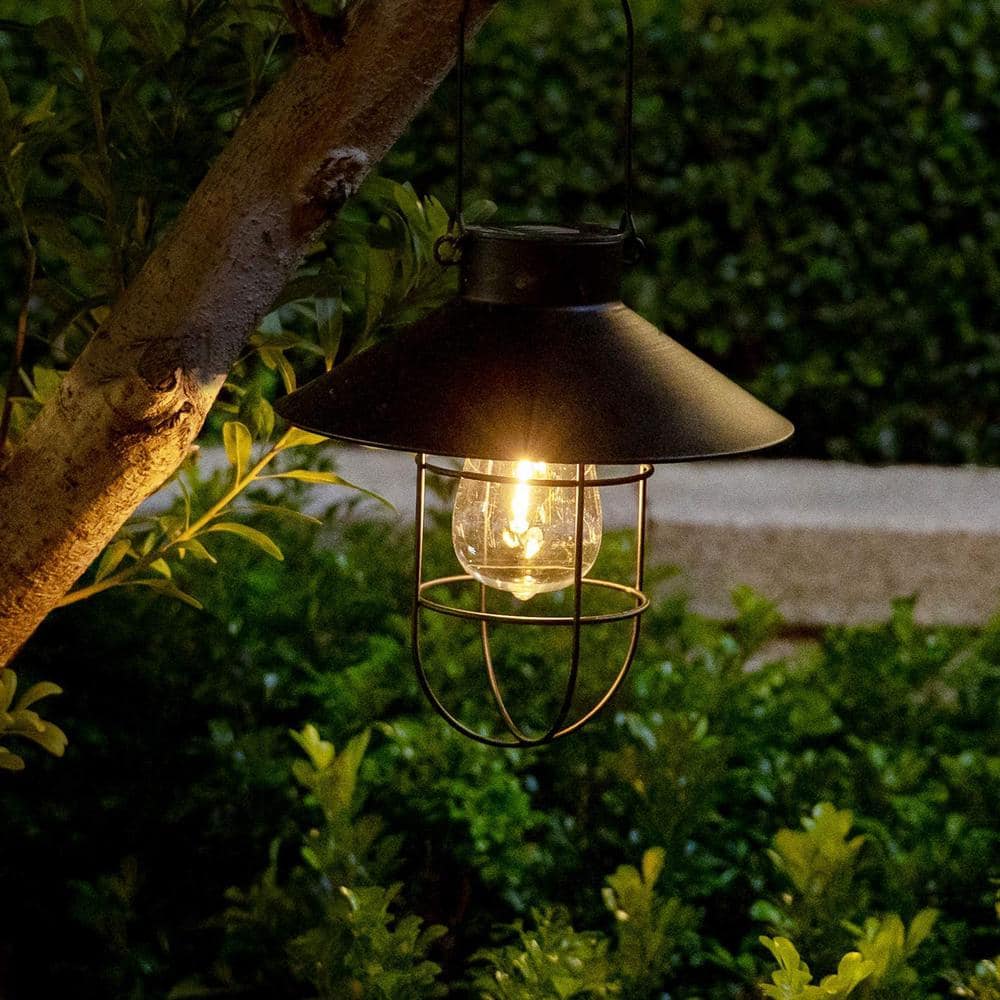 Black Solar Metal Hanging Lanterns with Shepherd Hooks, Set of 2