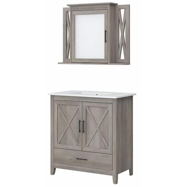 Key West 31.89 in. W x 18.31 in. D x 34.06 in. H Single Sink Bath Vanity in Driftwood Gray with White Top and Mirror