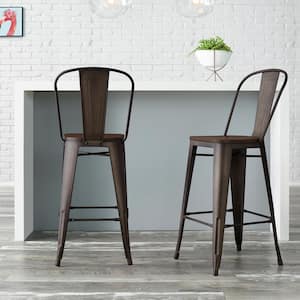 Finwick Matte Gunmetal Backed Bar Stool with Dark Wood Seat (Set of 2)