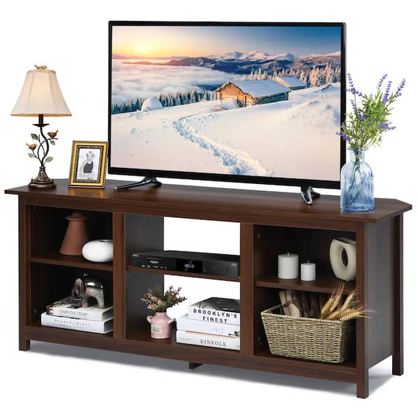 Costway TV Stand 58 in. Entertainment Media Console Center Up to 65 in. with 2 Tiers in Brown