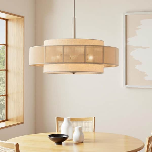 24" W 6-Light Dimmable Nickel Beige Woven Fabric Drum Pendant Design Chandelier for Dinning Room with No Bulbs Included