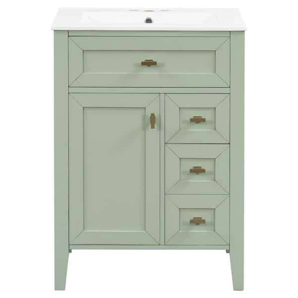 24 in. W Single Sink Freestanding Bath Vanity in Light Green with White Ceramic Top Unassembled