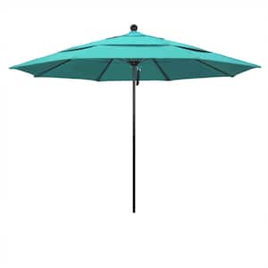 11 ft. Black Aluminum Commercial Market Patio Umbrella with Fiberglass Ribs and Pulley Lift in Aruba Sunbrella