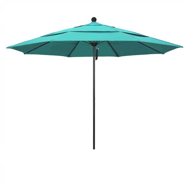 California Umbrella 11 ft. Black Aluminum Commercial Market Patio Umbrella with Fiberglass Ribs and Pulley Lift in Aruba Sunbrella