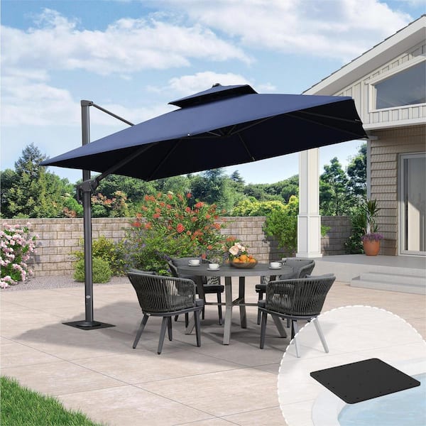 PURPLE LEAF 10 sq. ft. 2-Tier Aluminum Cantilever 360° Rotation Patio Umbrella with Base Plate, Navy Blue