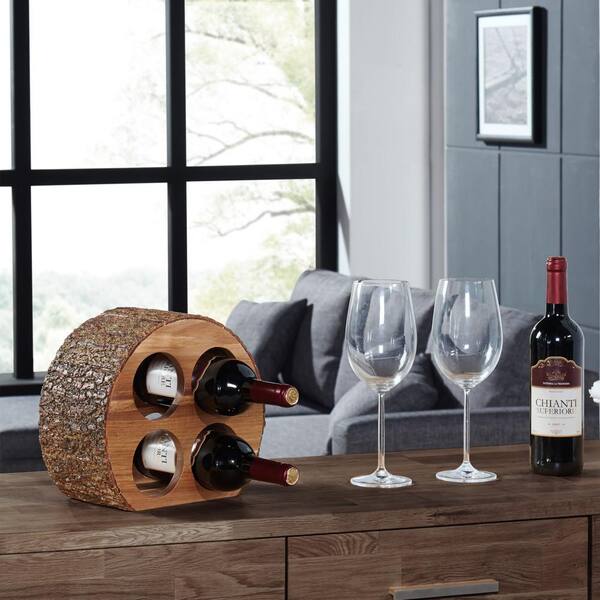 DANYA B Round Acacia Wood 4-Bottle Wine Holder with Bark