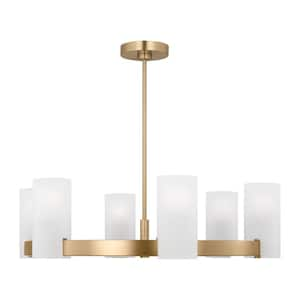 Rhode 6-Light Satin Brass Large Chandelier with Etched Glass Shades and No Bulbs Included