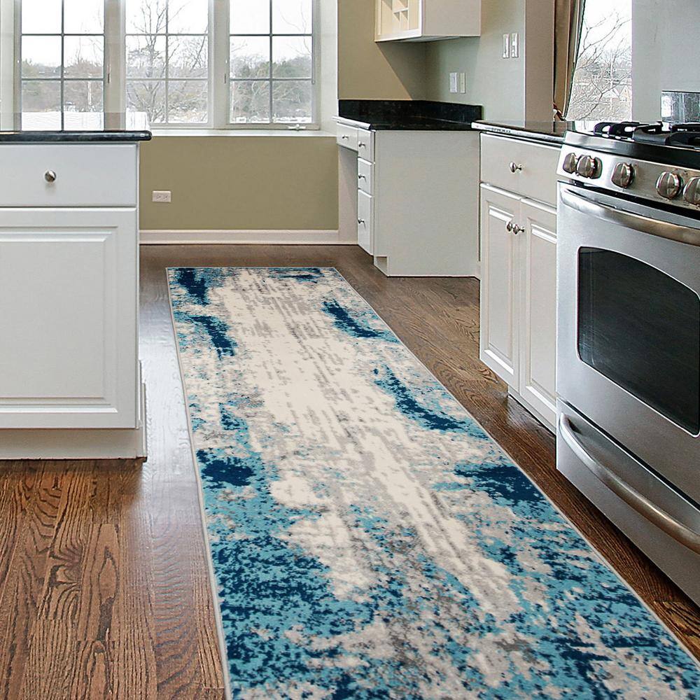 Blue Flat Woven Synthetic Easy Care Area Rug, 26" x 4"
