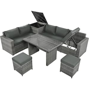 6-Piece Wicker Outdoor Sectional Set with Adjustable Seat, Storage Box and Gray Cushions