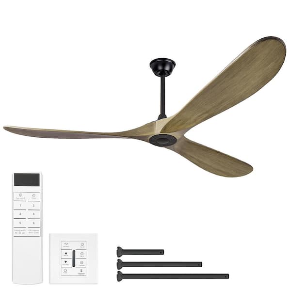 72 in. Black Metal Housing Deep Brown Solid Wood Standard Ceiling Fan Without Lights, Downrod Mount, Remote Control