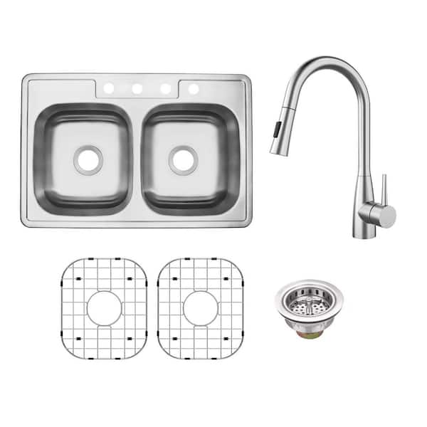 33 in. Drop-In Double Bowl 50/50-20-Gauge Stainless Steel Kitchen Sink with Pull Out Sprayer Kitchen Faucet
