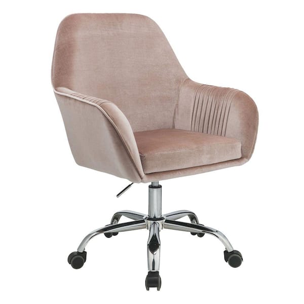 Benjara Pink and Silver Adjustable Velvet Upholstered Swivel Office Chair with Slopped Armrests
