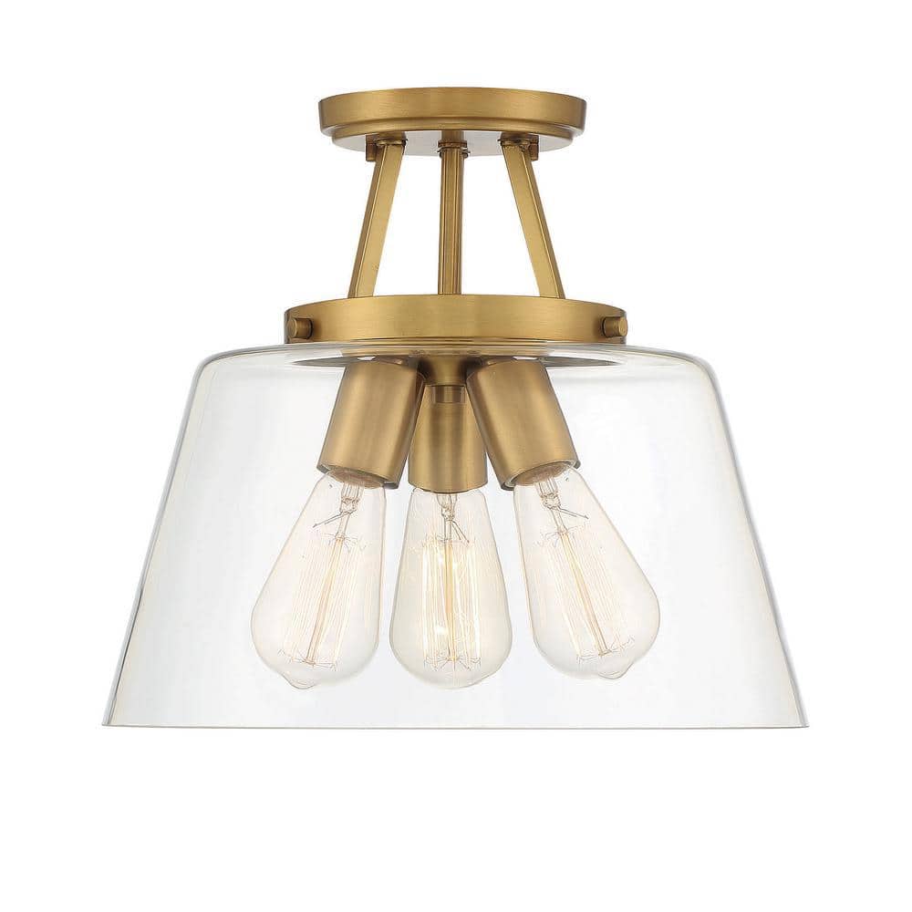 Calhoun Collection Warm Brass 3-Light Semi-Flush Mount with Clear Glass